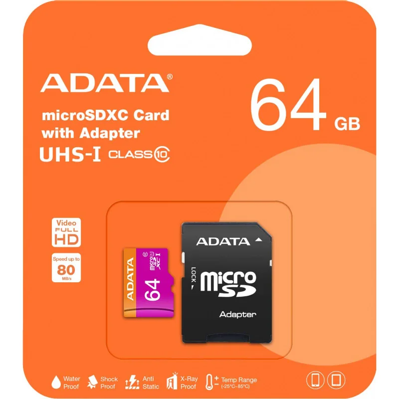 Carte mémoire Adata microSDXC 64 Go Class 10 + Adaptateur
