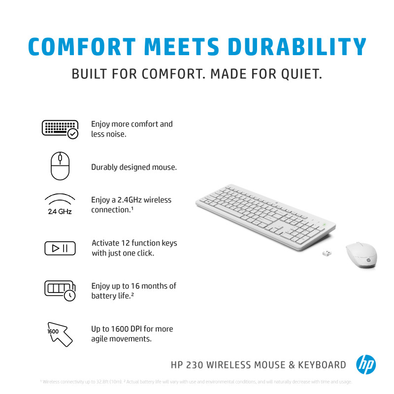 Ensemble Clavier et Souris Sans Fil HP 230 QWERTY / Blanc - HP - photo 5