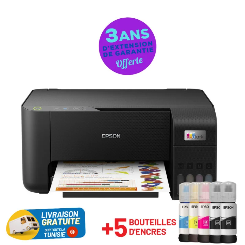 Imprimante Multifonction à réservoir intégré 3en1 couleur Epson ECOTANK L3251 / WiFi + 5 Bouteilles d'encre Epson Incluses