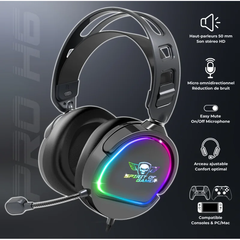 Casque Micro Gaming Spirit of Gamer PRO-H6 DARK / RGB / Noir - Spirit of Gamer - photo 2
