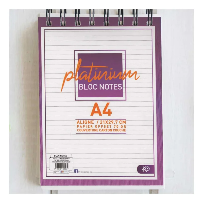 Bloc Note KO WIRO Platinum A4 (21 x 29.7 cm) à Blanc