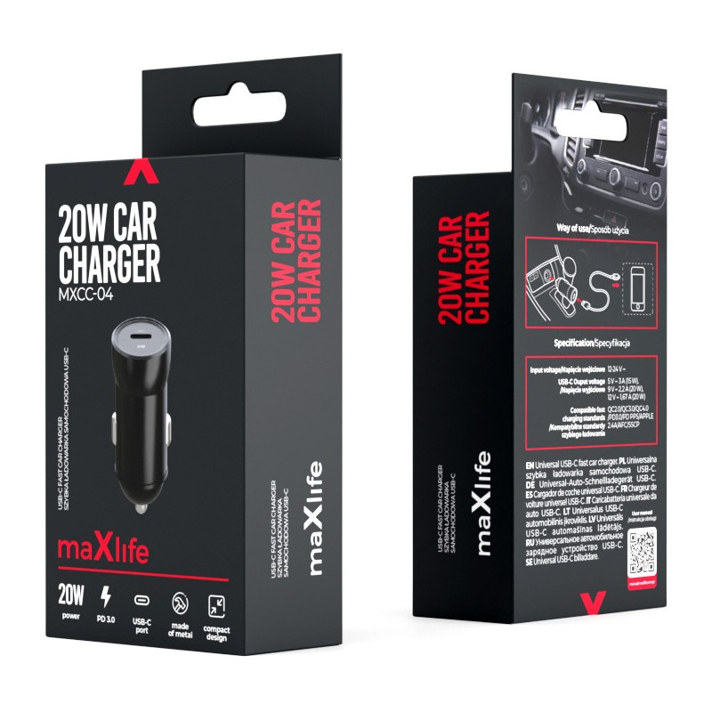 Chargeur de voiture Maxlife MXCC-04 PD QC 1x USB-C 20W / Noir - photo 4