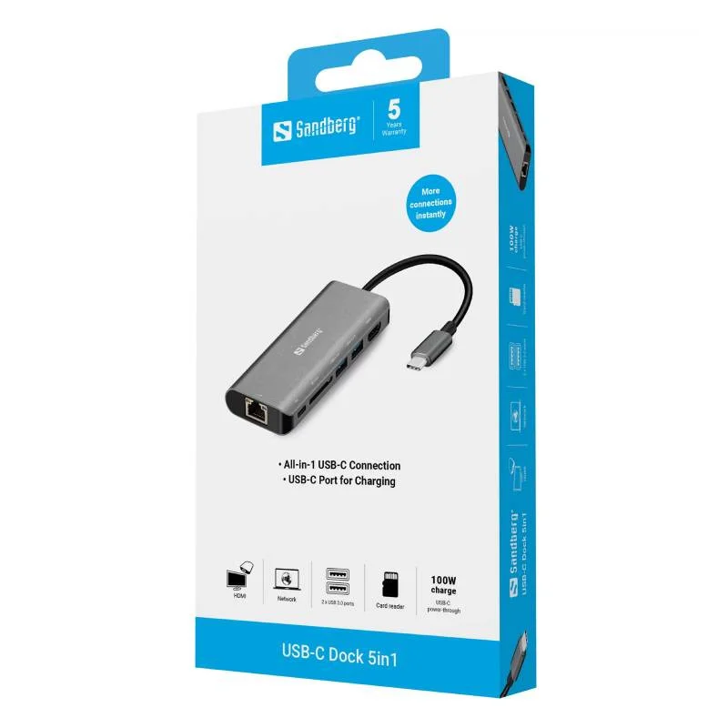 Station d'accueil SANDBERG Dock USB-C HDMI + LAN + SD + USB 100W / Gris - photo 2