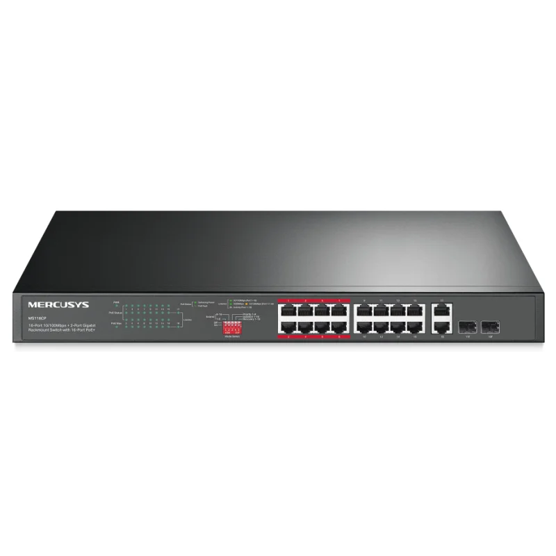 Switch Rackable Mercusys 16 Ports 10/100Mbps PoE+ avec 2 Ports Giga et 2 SFP 1Gb