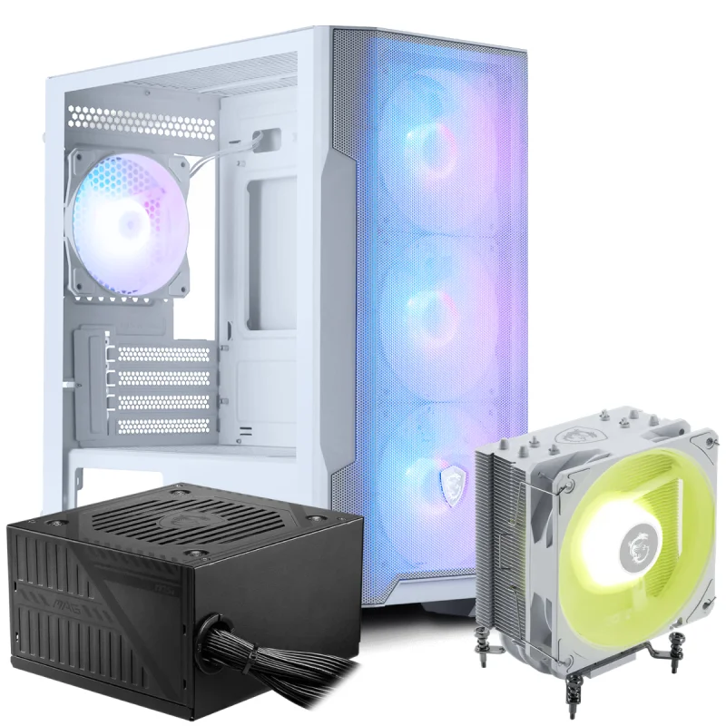 Boîtier Gamer Micro Tour MSI MAG FORGE M100R / RGB / Micro-ATX / WHITE Avec Refroidisseur De Processeur MSI MAG COREFROZR AA13 / 120 mm / ARGB / LGA1851 / AM5 / White + Boîte d'alimentation MSI MAG A600DN / 600 Watts / ATX / 80 PLUS Standard / Noir - MSI - photo 1