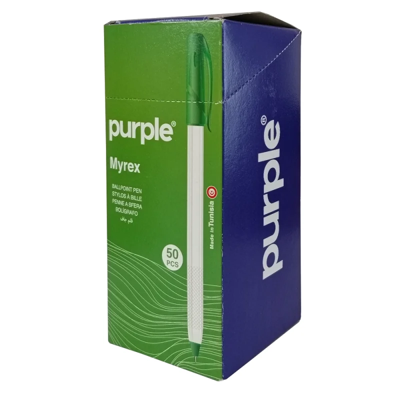 Boite de 50 Stylos à Bille Point Fine MYREX Purple / 0.7mm / Vert
