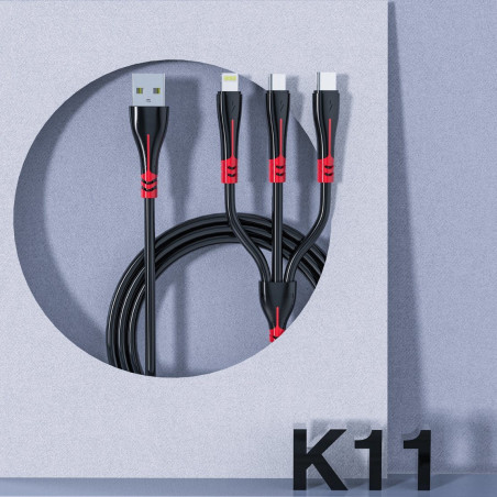 Câble KINGLEEN  3en1 USB vers Micro USB / Type C / Lightning / Noir - photo 6