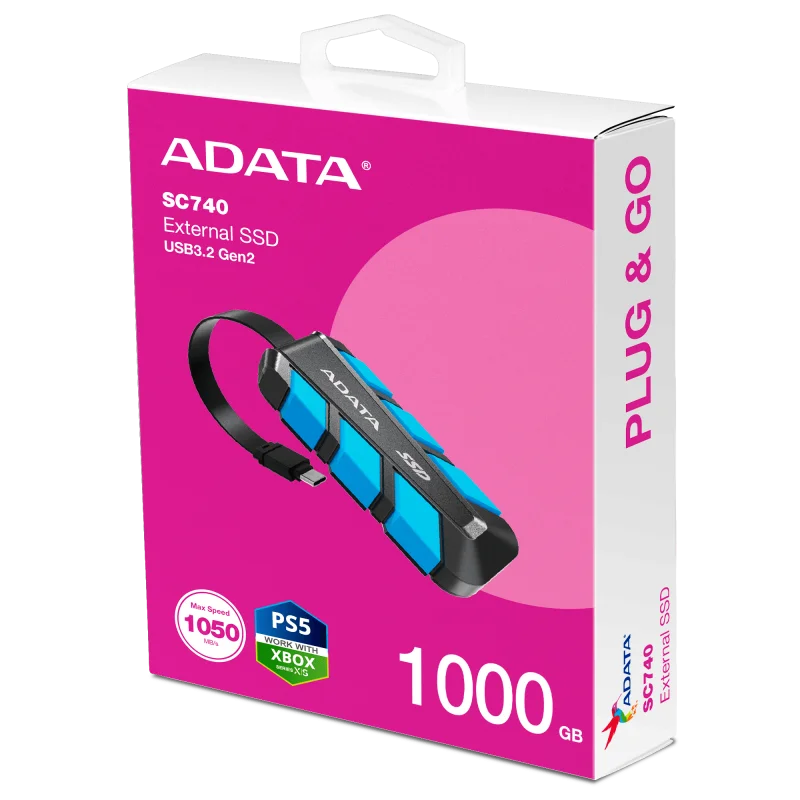 Disque Dur Externe ADATA SC740 1To SSD USB 3.2 - Noir & bleu