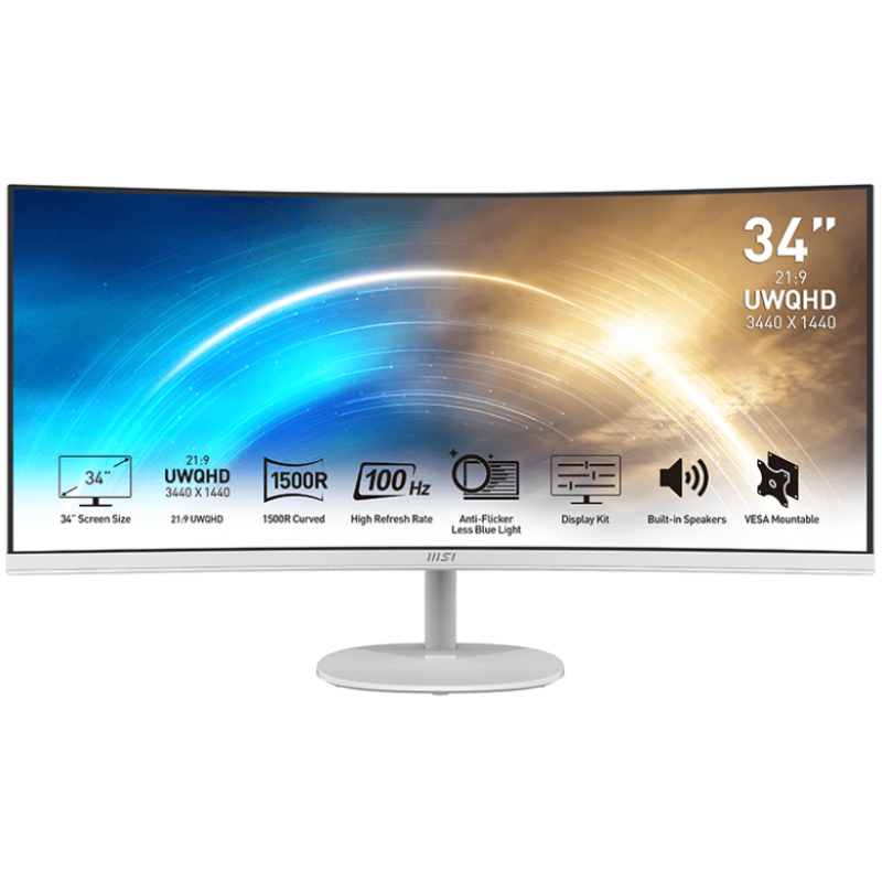 Écran MSI PRO MP341CQW 34" UWQHD CURVED | VA 100Hz HDMI/DP | 2 SPEAKER | Blanc