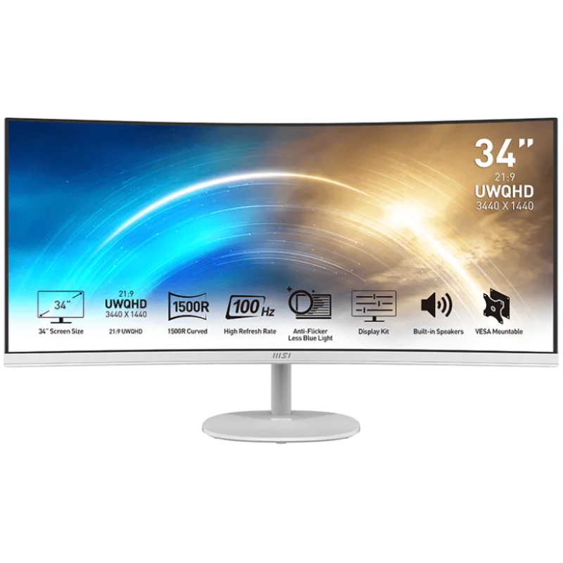 Écran MSI PRO MP341CQW 34" UWQHD CURVED | VA 100Hz HDMI/DP | 2 SPEAKER | Blanc
