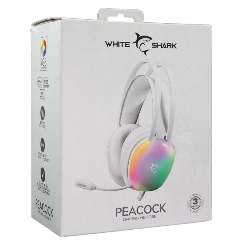Micro-Casque Gaming Filaire White Shark PEACOCK GH-2444 / RGB / Blanc