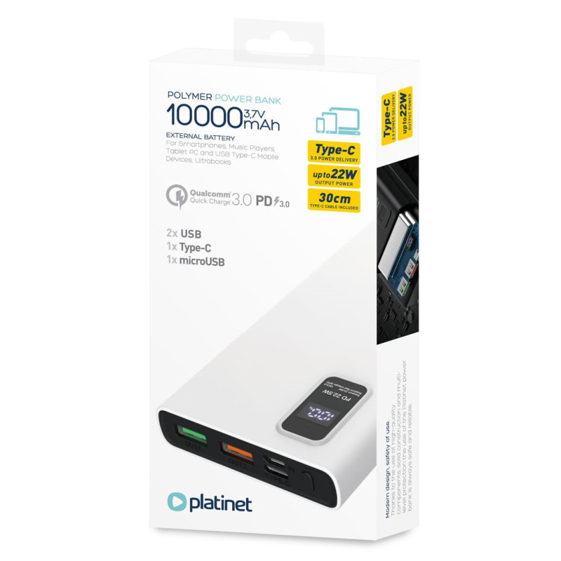 POWER BANK PLATINET 10000 mAh Polymère PD 3.0 QC 3.0 Écran LED BLANC - photo 5