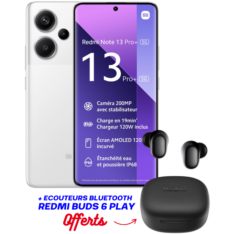 Smartphone XIAOMI Redmi Note 13 PRO + 5G/ 12GO /512GO / WHITE + Ecouteurs Bluetooth Redmi buds 6 pla