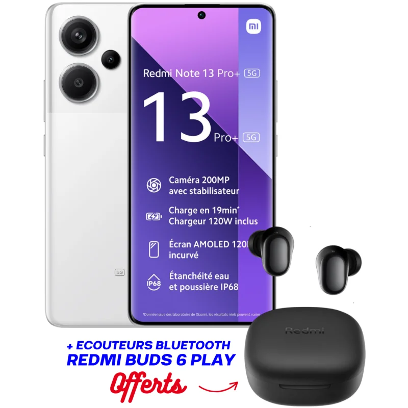 Smartphone XIAOMI Redmi Note 13 PRO + 5G/ 12GO /512GO / WHITE + Ecouteurs Bluetooth Redmi buds 6 pla